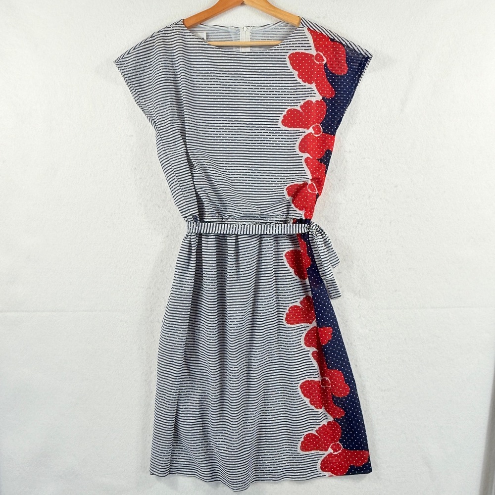 J.J. Dean Dress Womens 10 Blue White Striped Red Floral Retro Rockabilly Pinup